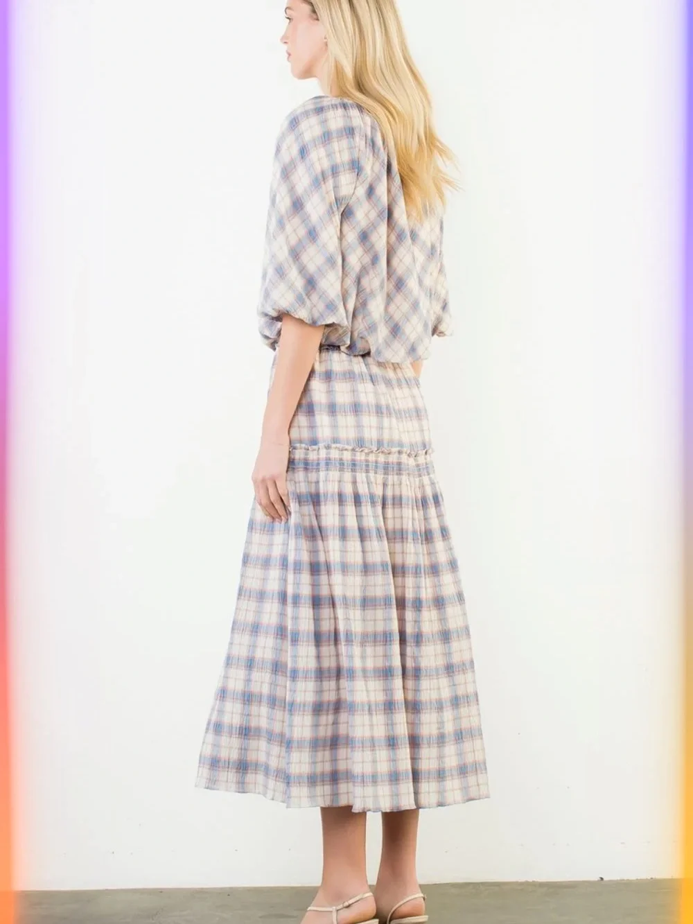 Plaid Puff-Sleeve shirt and skirt in Soft Blue and Cream